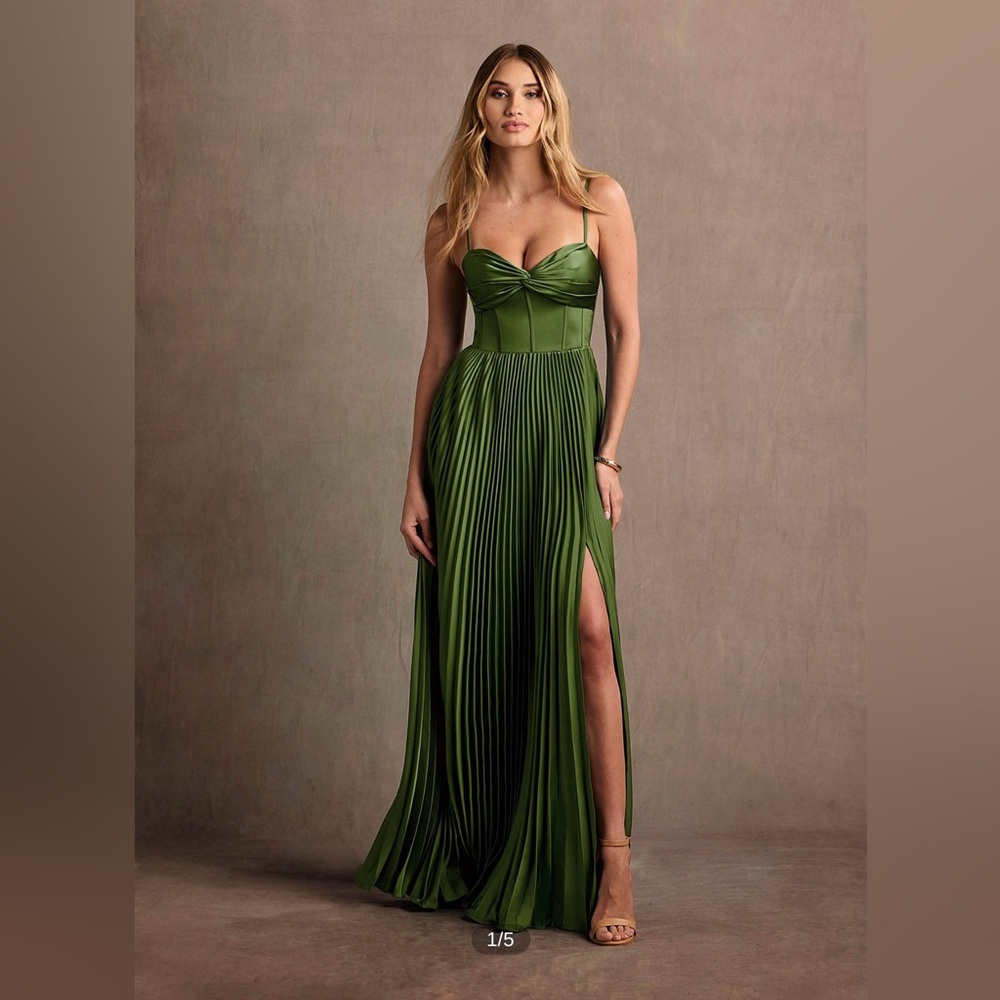 Azazie Tyla Olive Green Satin Pleated Maxi Dress